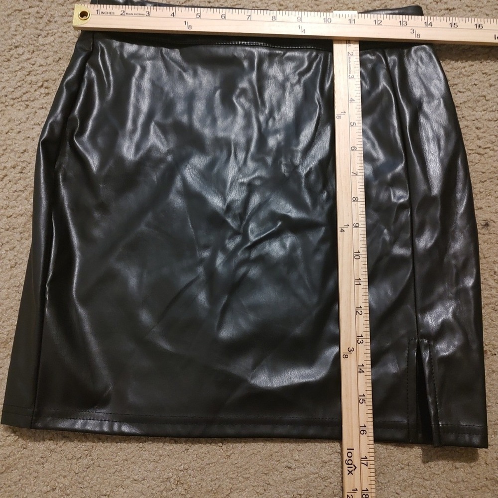 Black Faux Leather Mini Skirt High Waist Side Slit Vegan Leather Size Small